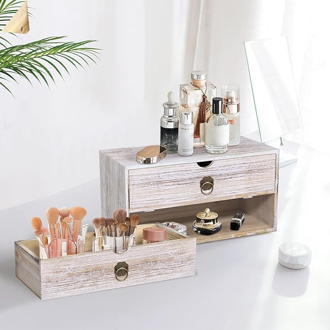 Wood Desk Organizer, Vintage Brown Wooden Desktop Organizer with Drawer, Tabletop Storage Organization Box for Countertop, Home Office Supplies, Bills, 13.3 x 6.5 x 7 Inches(2 Drawer)