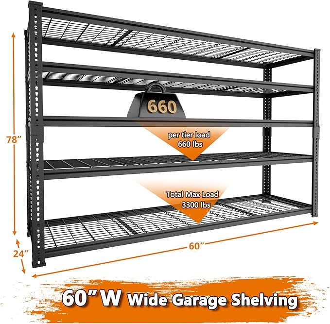 Storage Shelves Heavy Duty, 2 PCS 60" L x 24" W x 78" H Garage Wire Shelving Unit Loads 3300LBS, 5-tier Adjustable Metal Industrial Utility Shelf Rack for Kitchen, Laundry Room, Warehouse, Basement