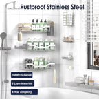 Shower Caddy Adhesive Shower Organizer 8-Pack, Rustproof Stainless Steel Bathroom Shelves, Large Capacity No-Drill Rack Storage Accessories with Soap Dish Toothbrush Holder Hooks