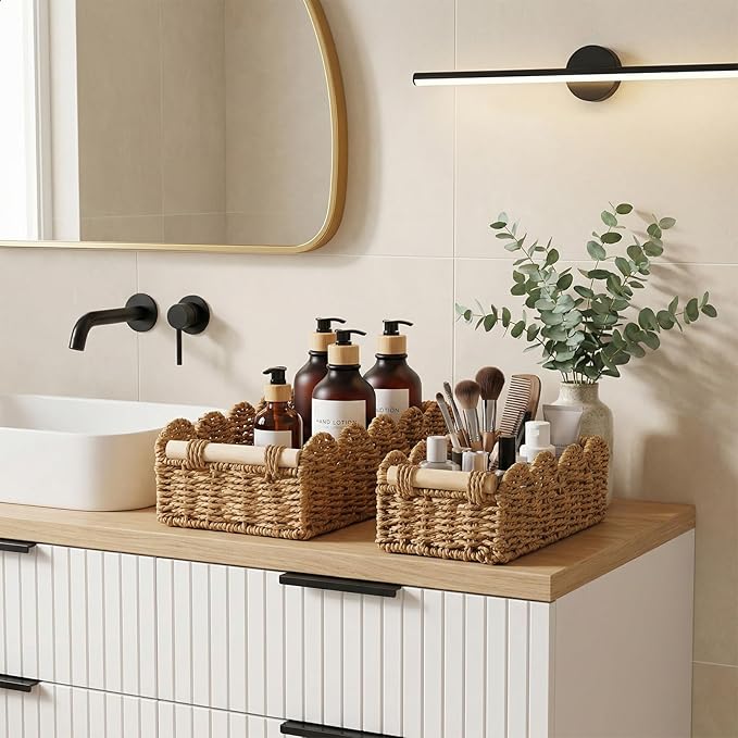 2 Pcs Toilet Paper Storage Basket, Beige Scalloped Edge Paper Rope Wicker Basket for Over Toilet Tank Top, Home Bathroom Bedroom Decor and Organization, Beige