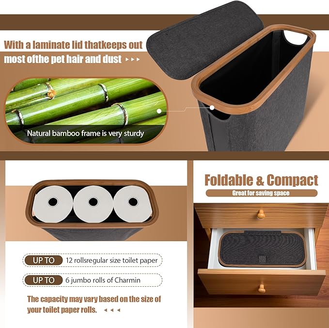 Toilet Paper Storage with Lid and Handle, 12 Roll Toilet Paper Basket Bathroom Standing Organizer, Folding Storage Bag with Foot Base, Slim Holder Container for Rolling Tissue, Towel- Grey