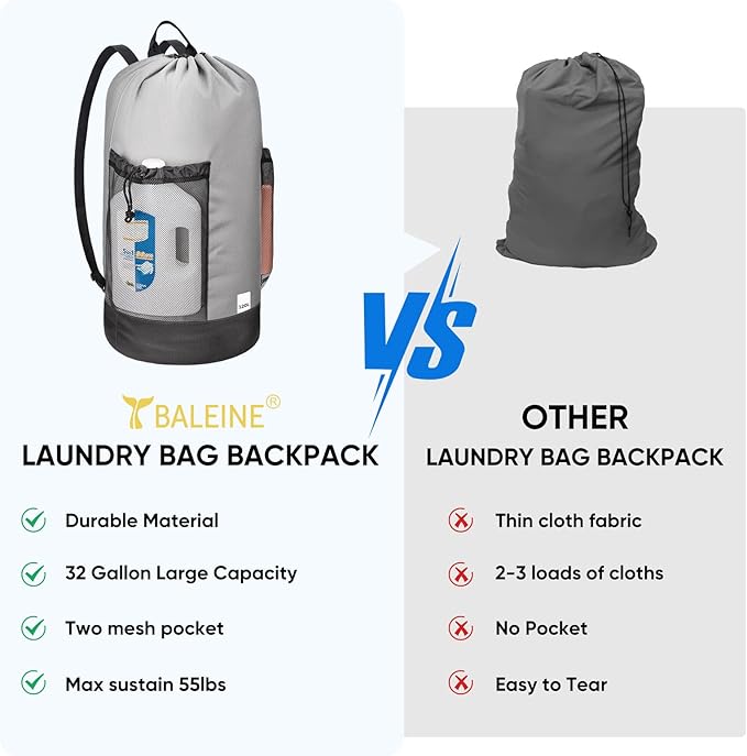BALEINE 2PK 120L Laundry Bag Backpack, 900D Oxford Fabric Large Travel Laundry Bags with Shoulder Straps and 2 Mesh Pockets (Gray, 120L)