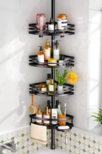 HAMITOR Shower Caddy Tension Pole: Rustproof Bathroom Corner Shelf for Renters, 47-121inches Adjustable Organizer with Soap Holder-Large Capacity Rack for Shampoo Storage Home Accessory - Black