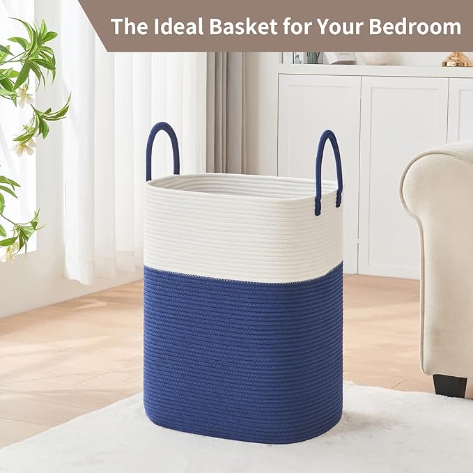 Laundry Basket with Handles - Blanket Basket & Hampers for Bedroom Aesthetic, Laundry Hamper & Blanket Storage for Living Room, Clothes Hamper, Tall, Large 17" x 14" x 23”, White & Dark Blue