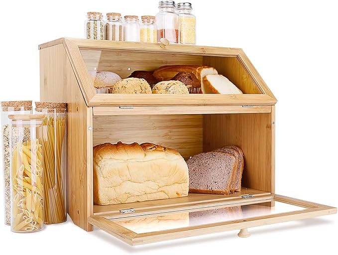 HOMEKOKO Double Layer Large Bread Box for Kitchen Counter, Wooden Large Capacity Bread Storage Bin (Natural Bamboo)