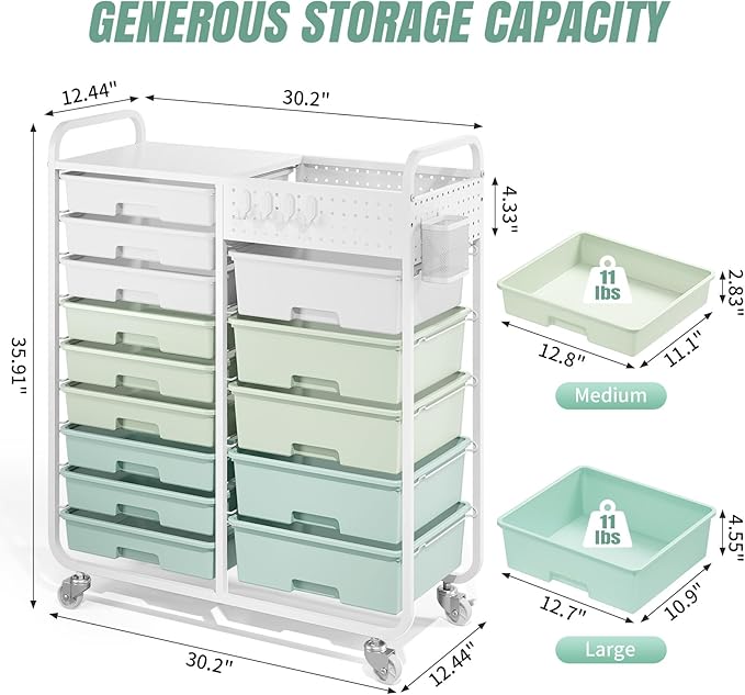 Rolling Storage Cart with 14 Drawers, Storage Organizer Cart with Tabletop and Pegboard,Utility Cart for Living Room, Classroom, Bedroom,Bathroom,Dorm,Office (Green)