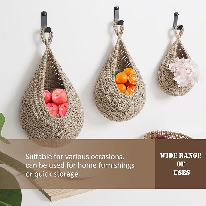 Hanging Fruit Basket Set of 3, Boho Wall Hanging Storage Basket for Organizing, Handmade Teardrop Hammock Holder for Fruit Vegetable in Home & Restaurant Kitchen with Hooks, Light Flaxen