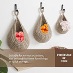 Hanging Fruit Basket Set of 3, Boho Wall Hanging Storage Basket for Organizing, Handmade Teardrop Hammock Holder for Fruit Vegetable in Home & Restaurant Kitchen with Hooks, Light Flaxen