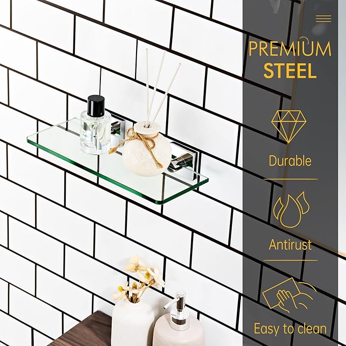 KOKOSIRI Bathroom Shelves Wall Mount 12-Inch Floating Tempered Glass Shelf Hanging Rack for Storage Home Decor, Polished Stainless Steel B1107CH-L12