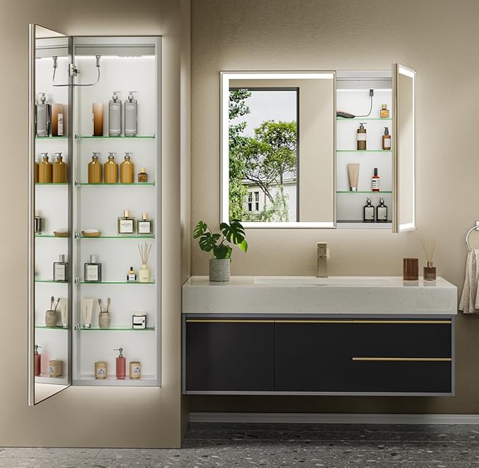 16"x60" Tall Lighted Medicine Cabinet with Mirror Door & Brush Nickel Bevel Frame, Surface or Recessed LED Bathroom Mirror Cabinet with Outlet, 5-Tier Adjustable Shelf & Sensor Inner Light