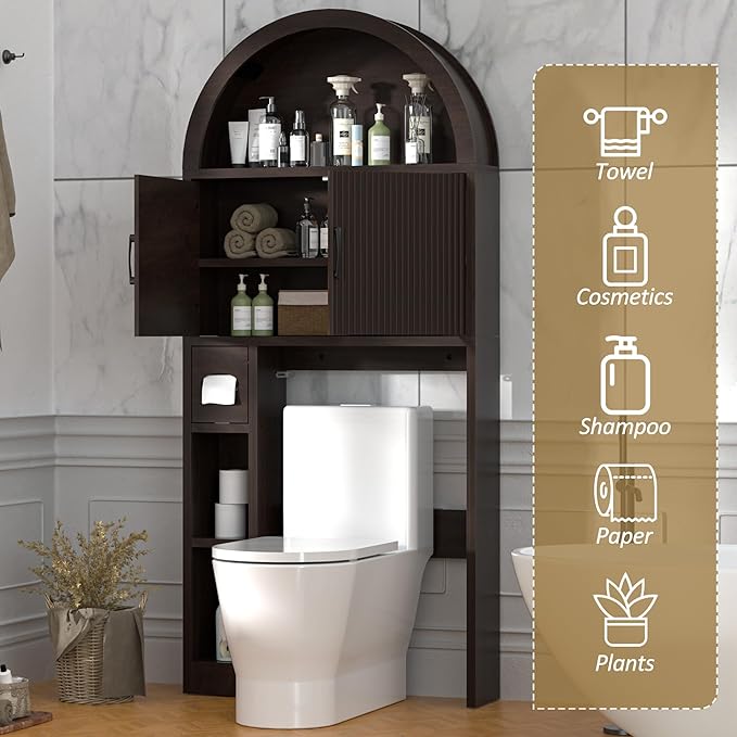 Over The Toilet Storage Cabinet, Bathroom Organizer Over Toilet, Arched Storage Organizer Cabinet with Anti-Tip Device and Adjustable Shelf for Washroom Laundry and Restroom, Espresso