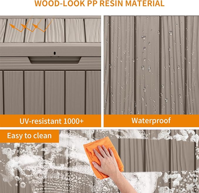 Vixzen 45 Gallon Waterproof Resin Deck Box, UV Resistant Outdoor Storage for Garden, Patio, Porch, Delivery（Grey，45 Gallon）