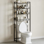 Over The Toilet Storage Rack, Bathroom Organizer with 3 Shelves & Basket, Space Saver Over Toilet Shelf with Adjustable Hooks,Black
