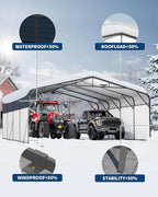 20x20FT Heavy Duty Metal Carport,Outdoor Portable Car Garage w/Led Light,Removable PE Sidewalls,Reinforced Base & Galvanized Steel Roof, Outdoor Car Port Canopy Shelter for Boats,Trucks
