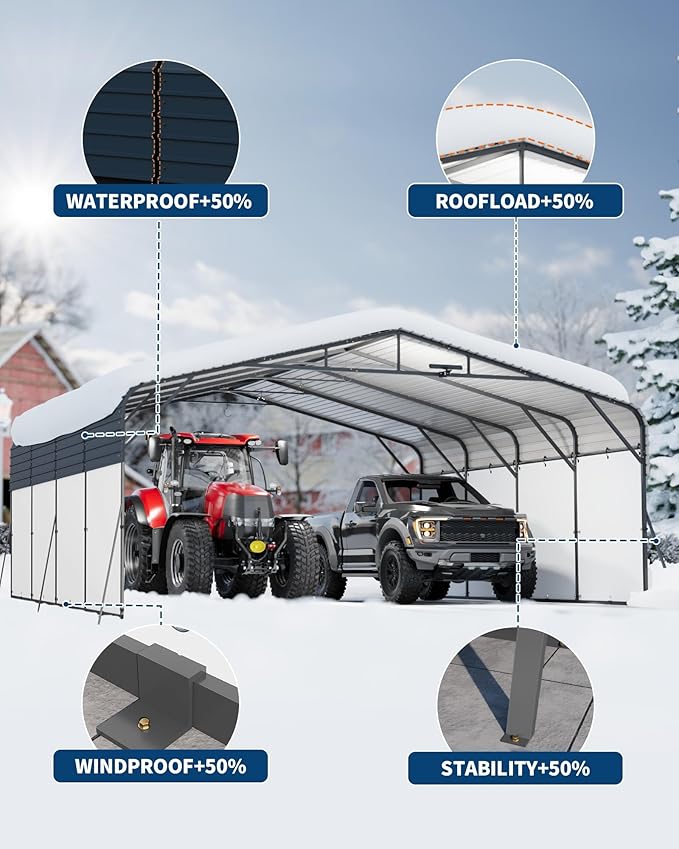 20x20FT Heavy Duty Metal Carport,Outdoor Portable Car Garage w/Led Light,Removable PE Sidewalls,Reinforced Base & Galvanized Steel Roof, Outdoor Car Port Canopy Shelter for Boats,Trucks