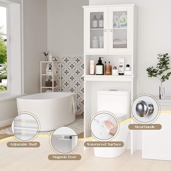 Walsunny Over Toilet Storage Cabinet, BathroomShelf Organizer Over Toilet, Washing Machine Box, Space Saver with Adjustable Decorative Racks（White）