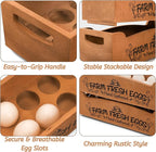 YOUEON Wooden Egg Holder for Countertop, Stackable 2-Tier Egg Crates for 24 Eggs with Handle, Farmhouse Rustic Pinewood Egg Storage Box with “Farm Fresh Eggs” Print, No Assembly Needed