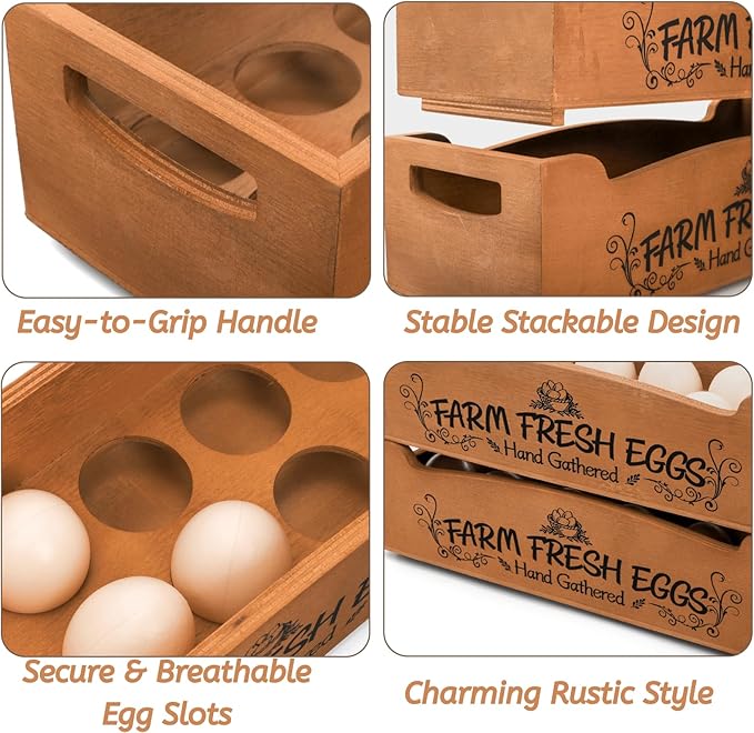YOUEON Wooden Egg Holder for Countertop, Stackable 2-Tier Egg Crates for 24 Eggs with Handle, Farmhouse Rustic Pinewood Egg Storage Box with “Farm Fresh Eggs” Print, No Assembly Needed