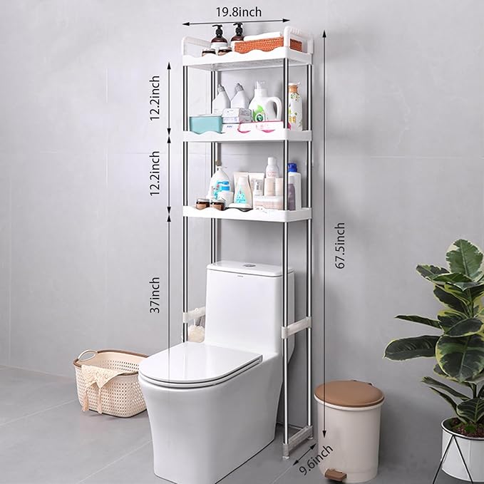 Over The Toilet Storage Shelf, Multipurpose Toilet Storage Rack, 3-Tier Shelf Bathroom Space Saver Includes 3-Hooks, Freestanding Bathroom Organizer Above Toilet for Laundry, Restroom (3-Tier)