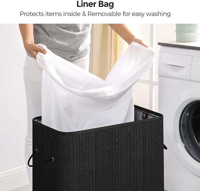 SONGMICS Laundry Hamper with Lid, Bamboo Laundry Basket, Removable Machine Washable Laundry Basket, with Handles, 26.4-Gallons, for Laundry Room, Bedroom, Bathroom, Ink Black ULCB63H