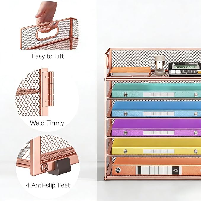 6 Tiers Letter Tray Paper Organizer with Handle, Mesh Desk File Organizer, Metal Desktop Document Shelf Organization, Paper Sorter Organizer for Office, Home or School File Folder Holder (Rose Gold)
