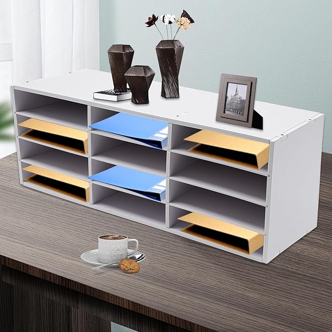 12 Compartments Paper Organizer for Desk, Desk Literature Organizer, Student Mailbox for Classroom, Desktop Bill Paper Storager File Sorter for Home Office Classroom