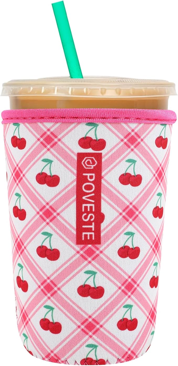 Reusable Neoprene Insulator Sleeve for Iced Coffee & Cold Soda, Coffee Sleeves for Iced & Hot Drinks, Cold Beverage Cooler Compatible with Starbucks, Dunkin (Cherry World, Medium: 22-24oz)