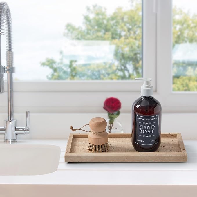 Natural Small Marble Vanity Tray, Luxury Stone Organizer for Bathroom & Kitchen | Holds Soap Dispenser, Jewelry, Perfume | Non-Resin, Non-Ceramic Décor (Travertine, M (11.8" x 5.1" x 0.78"))