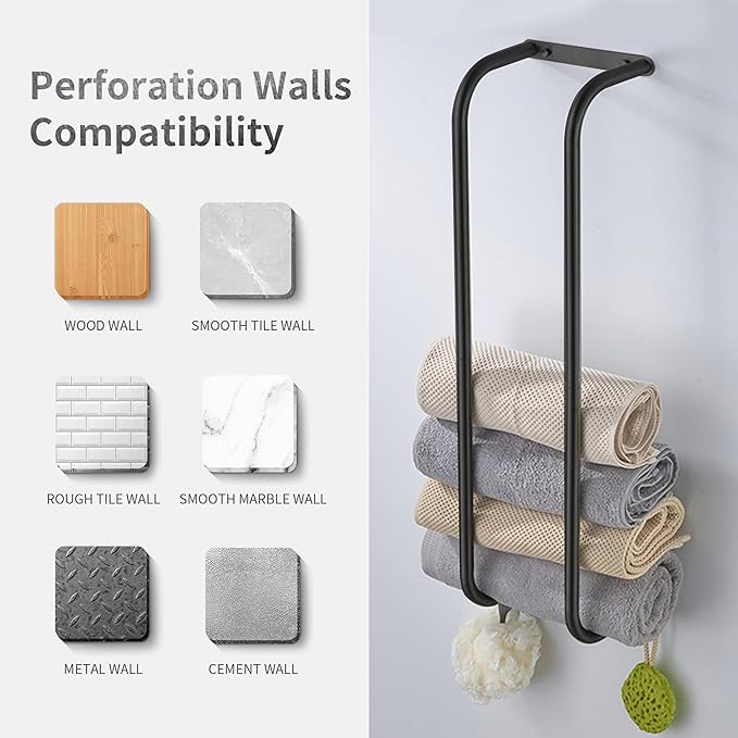 Towel Racks for Bathroom, 304 Stainless Steel Towel Rack Wall Mounted, Bathroom Towel Holder with Hooks, Towel Holder for Bathroom Wall for Storing Towels, Robes, Black
