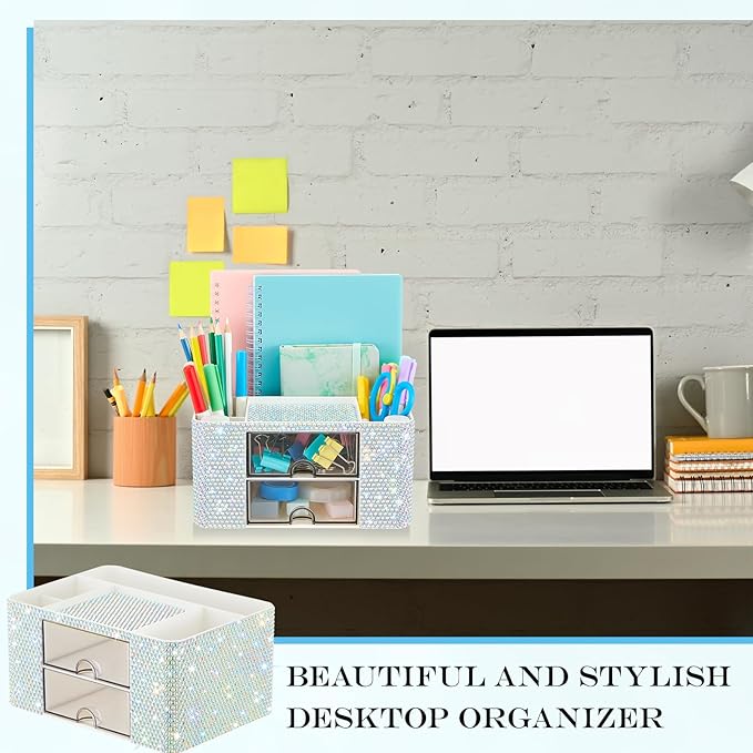 Silver Bling Desk Organizer with 2 Drawer, Sparkly Makeup Organizer for Vanity, Girly Desk Accessories, Rhinestone Pen Holder, Elevate Your Workspace with Silver Serenity (Diamond)