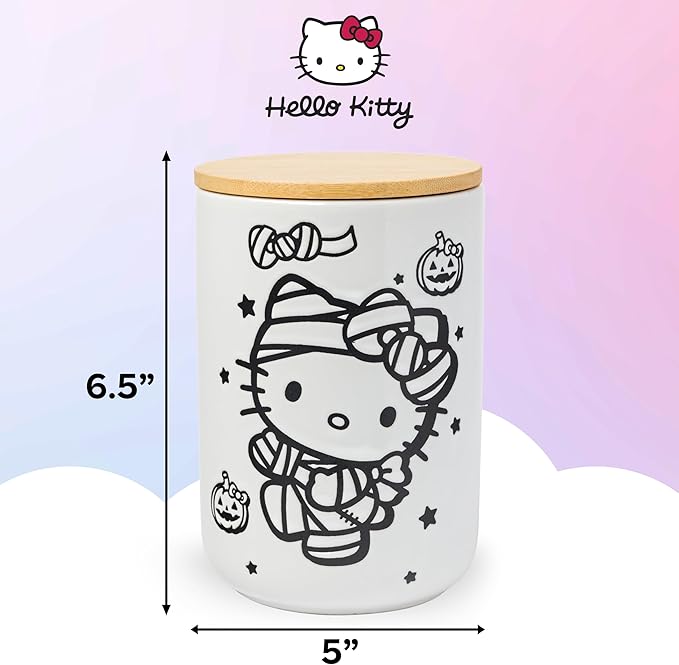 Silver Buffalo Sanrio Hello Kitty Halloween Spooky Mummy Ceramic Cookie Snack Candy Jar with Airtight Bamboo Lid (Small)