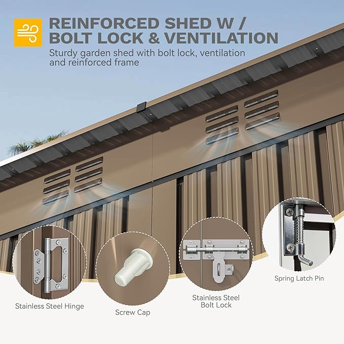 DWVO 9' x 4' Outdoor Storage Shed, Large Metal Tool Sheds, Heavy Duty Storage House with Lockable Doors & Air Vent for Backyard Patio Lawn to Store Bikes, Tools, Lawnmowers, Brown
