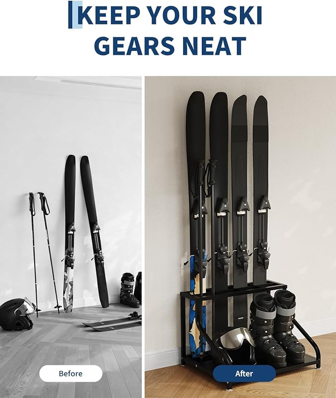Garvee Ski Storage Rack, Heavy Duty Steel Ski Holder for Garage Basement Home, Multipurpose Floor Stand Ski Equipment Organizer for Ski Poles, Goggles, Helmet & More, 23L×18.8W×16H, Black