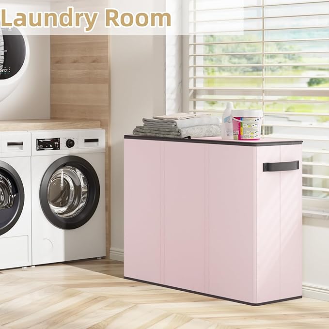 180L Laundry Hamper 3 Section, Large Laundry Basket with Lid, Laundry Basket Organizer with Handles, Pink Divided Laundry Baskets, Clothes Hampers for Nursery, Bedroom, Bathroom