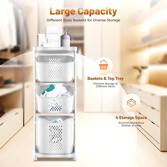 Laundry Basket Holder, 3-Tier Laundry Hamper Sorter with Wheels, Rolling Laundry Hamper Cart for Kitchens, Bathrooms, Bedrooms