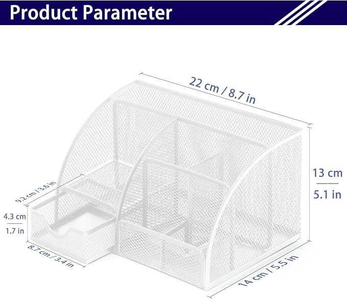 Boutilon Mesh Desk Organizer Desktop Office Supplies Stationary Organizer with 6 Compartments and 1 Drawer Multi-Functional Caddy Pen Holder for Home Office School Desk Decor(White)