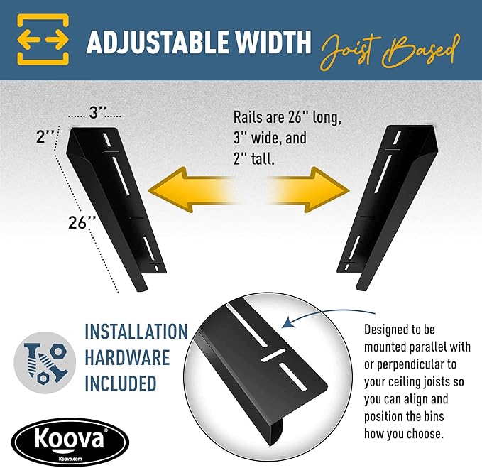 Koova Heavy-Duty Overhead Garage Storage Rack for 2 Bins. Adjustable Width, 80lb Capacity. DIY Safe Ceiling Mount, Easy Install. Fits 27-Gallon Totes. USA Made Pro-Grade Steel. Space Saving Organizer