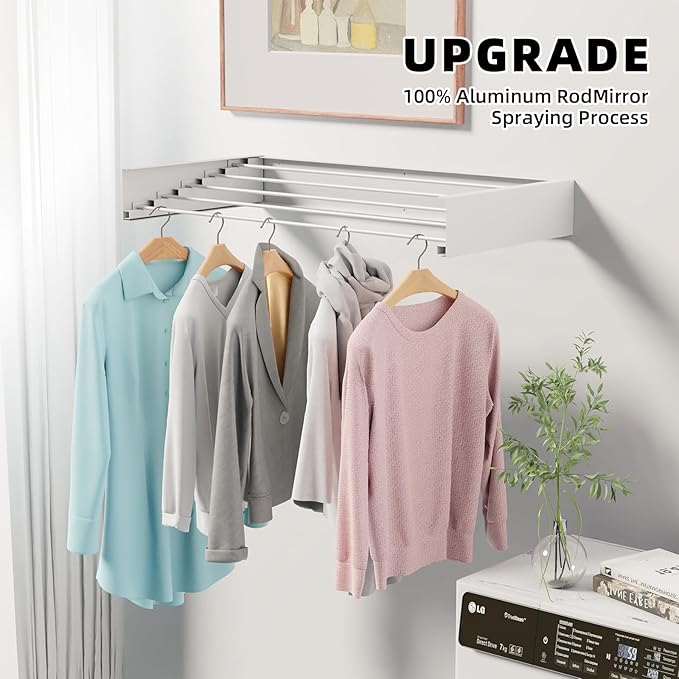 Wall Mounted Clothes Drying Rack, 31.5" Foldable Collapsible Laundry Rack, Heavy Duty 60 lb Capacity Hidden Space Saver, Includes Wall Template for Laundry Room Indoor Outdoor Balcony (White)