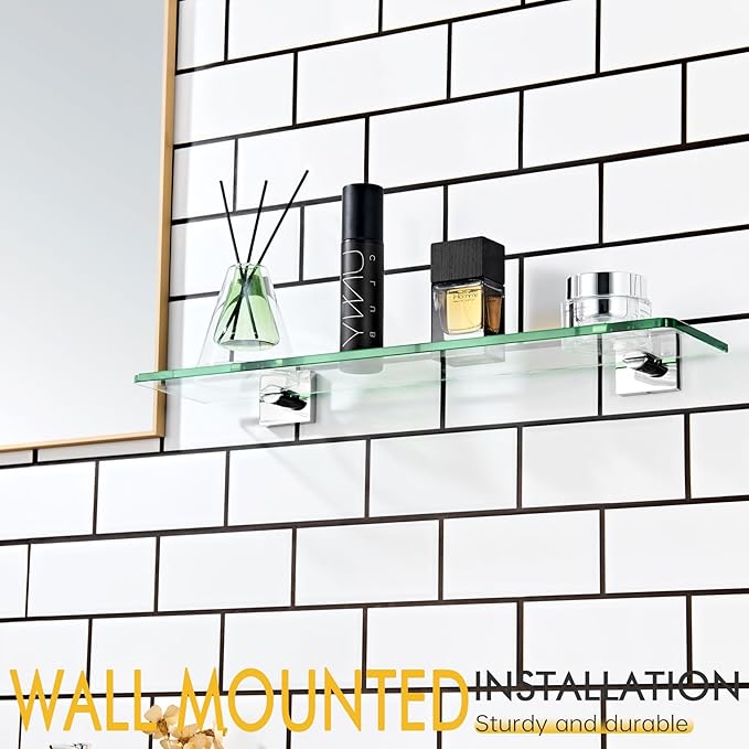 KOKOSIRI Bathroom Shelves Wall Mounted 20-Inch Floating Glass Shelf Kitchen Hanging Rack for Shower Storage Decor, Polished Stainless Steel B1107CH-L20