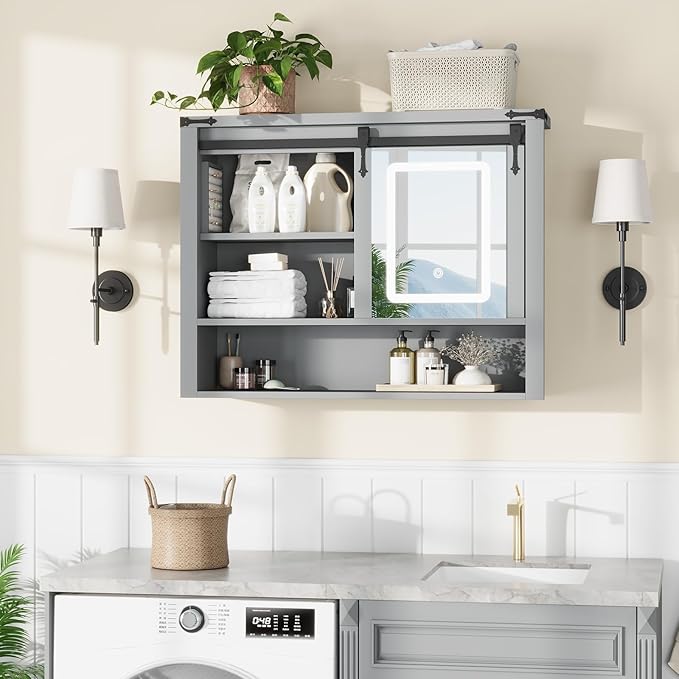 QUW 31" Farmhouse Bathroom Wall Cabinet, Bathroom Medicine Cabinets with Mirror, Over Toilet Wall Storage Cabinet, 3 Lighting Modes, Adjustable Brightness, Jewelry Holder, Sliding Door, Grey