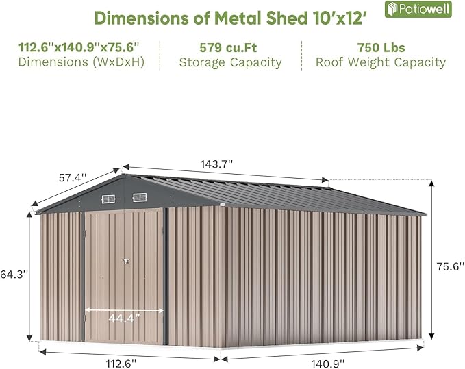 Patiowell 10 x 12 FT Outdoor Storage Shed, Large Metal Shed Storage with Lockable Doors and Steel Frame, Utility Tool Outside Storage Shed for Garden, Patio, Backyard, Brown