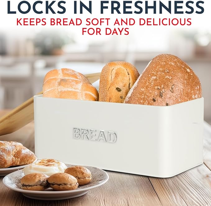 Culinary Couture White Bread Box for Kitchen Countertop with Bamboo Lid - Large BreadBox for Homemade Bread - Storage BreadBox with Cutting Board Lid