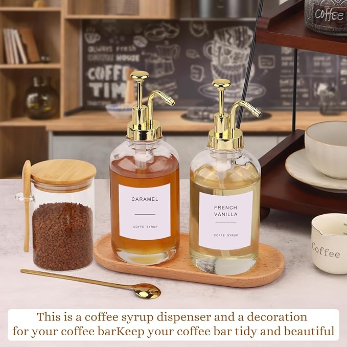 Coffee Bar Accessories, Coffee Syrup Dispenser-2 Pcs16.9 oz, Syrup Pump Dispenser for Coffee Bar, with Glass Bamboo Lid Jar with Spoon, Gold Pump Syrup Dispenser with Labels