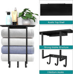 ELITEROO Towel Holder for Bathroom Wall, Towel Rack with Shelf and Hooks, Hanging Towel Organizer for Small Bathroom Storage, Wooden Rolled Towel Shelf for RV, Camper, Black