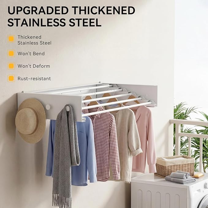 Collapsible Laundry Drying Rack Wall Mounted - 34.65 Inch Metal Clothing Drying Rack with 6+6 Hooks, Retractable Foldable Dryer Racks for Laundry Drying Indoor, Heavy Duty Towel & Coat Hanger