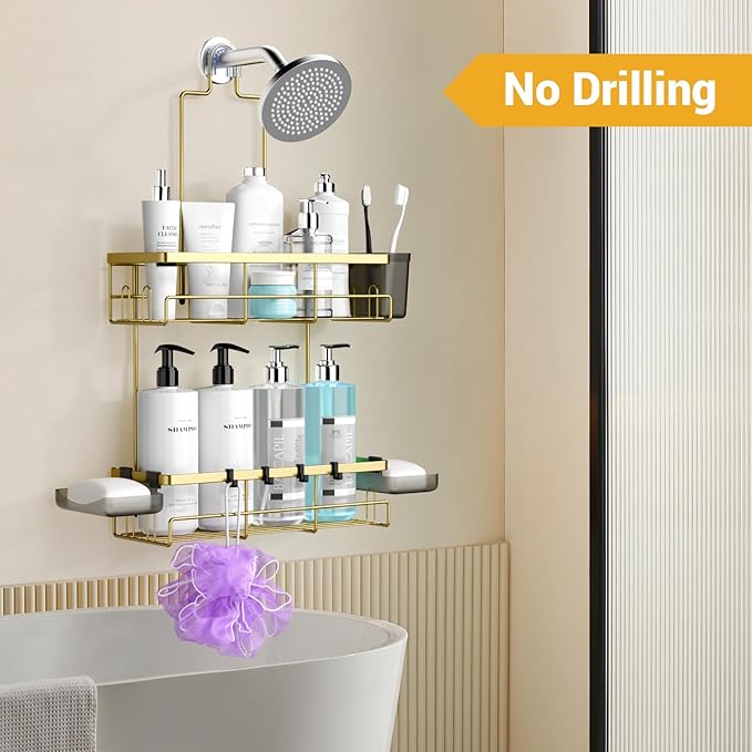 Shower Caddy Hanging Bathroom Organizer: Rustproof Shelf for Inside Shower - No Drilling Racks Over Showerhead - Bath Shelves for Shampoo Soap Gold