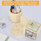 LETURE Rotating Office Desk Organizers and Accessories with 2 Drawer, Pencil Pen Marker Holder for Desk, Desktop Storage Organizers and Accessories for Office Home Art Supplies (Cream)