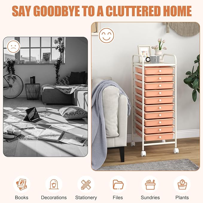 GOFLAME 10-Drawer Rolling Storage Drawer Cart, Utility Cart with Removable Drawers & Metal Frame, Mobile Art Craft Drawer Cart with Lockable Wheels for Home, Office, Studio, School, Peach Fuzz