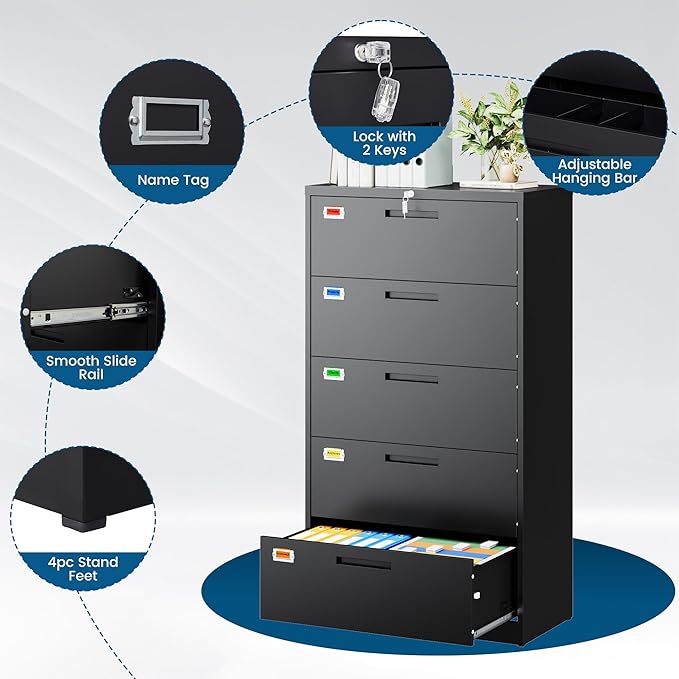 5 Drawer File Cabinet, Lateral Filing Cabinets for Home Office, Office Storage Drawers with Lock, Hanging Files Legal/Letter A4 Size (Assemble Required,Black)