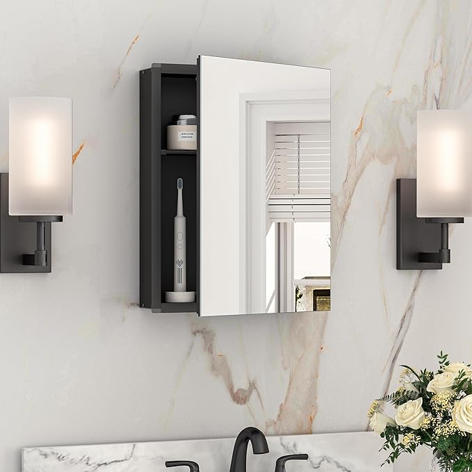 Keonjinn Black Medicine Cabinet 14 x 18 Inch, Assembly Needed, Small Bathroom Mirrored Medicine Cabinet, Lightweight, One Shelf Only, Freely Adjustable Shelves, Recessed or Wall Mount, Tempered Glass